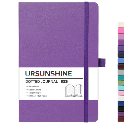 Dotted Journal/Notebook - Dot Grid Hard Cover Notebook, Premium Thick Paper with Fine Inner Pocket, Black Smooth Faux Leather, Pen Loop, 5.3'' x 8.26'' - Lavender