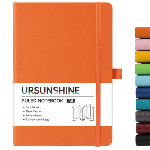 URSUNSHINE Ruled Notebook/Journal - Classic Lined Journal/Notebook, Hardcover with Thick Paper, 5.7" x 8.4", Banded + Pen Holder +Inner Pocket - Orange