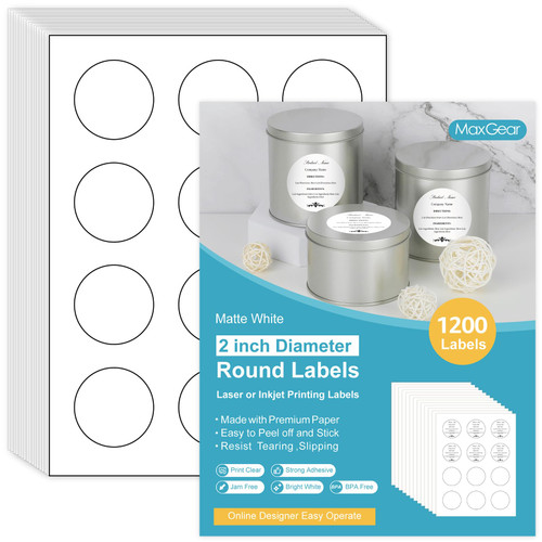 MaxGear 2" Round Sticker Labels, for Inkjet or Laser Printer, Matte White Printable Labels Sheets, Strong Adhesive, Dries Quickly, Holds Ink Well, 100 Sheets, 1200 Pcs