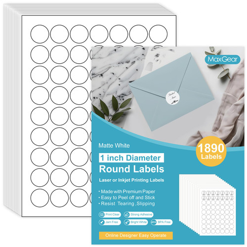 MaxGear 1" Round Sticker Labels, for Inkjet or Laser Printer, Matte White Printable Labels Sheets, Strong Adhesive, Dries Quickly, Holds Ink Well, 30 Sheets, 1890 Pcs