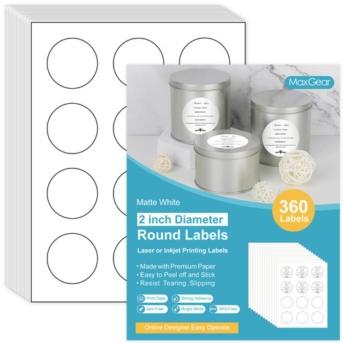 MaxGear 2" Round Sticker Labels, for Inkjet or Laser Printer, Matte White Printable Labels Sheets, Strong Adhesive, Dries Quickly, Holds Ink Well, 30 Sheets, 360 Pcs