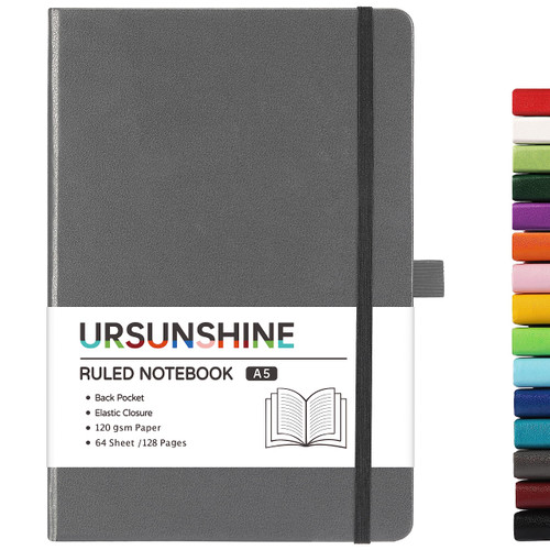 Ruled Notebook/Journal - Classic Lined Journal/Notebook, Hardcover with Thick Paper, 5.3" x 8.26", Banded + Pen Holder +Inner Pocket - Gray