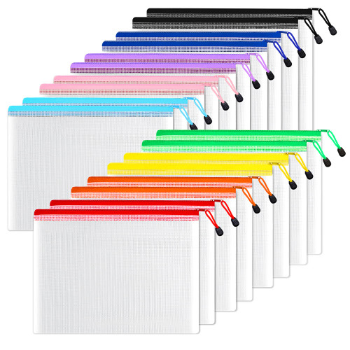 SUNEE Plastic Mesh Zipper Pouch 10x14 in (9 Colors, 18 Packs),Extra Large Water-Resistant Zip Bag for School Office Supplies, Puzzles & Games Organizing Storage