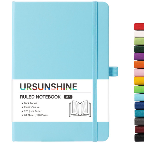 Ruled Notebook/Journal - Classic Lined Journal/Notebook, Hardcover with Thick Paper, 5.3" x 8.26", Banded + Pen Holder +Inner Pocket - Sky Blue