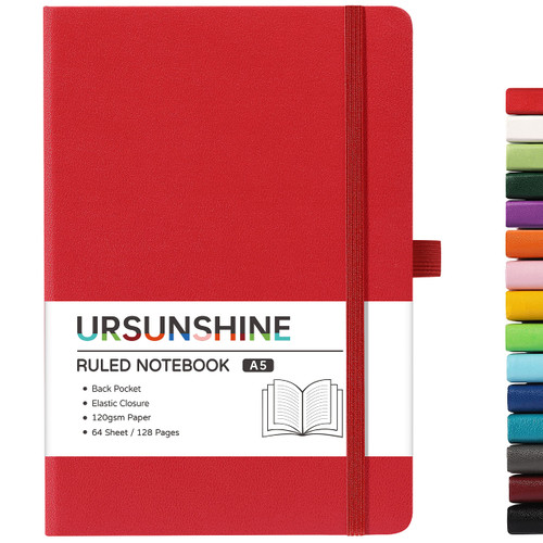 Ruled Notebook/Journal - Classic Lined Journal/Notebook, 5.3'' x 8.26'', Hardcover with Thick Paper, Banded + Pen Holder +Inner Pocket - Red