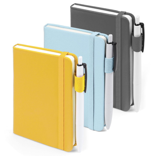 feela Pocket Notebook Journals, Mini Cute Small Hardcover College Ruled Notepad Office School Supplies, with 3 Black Pens, 3.5x 5.5, 3 Pack, A6, Solid Colors, Gray, Yellow, Light Blue
