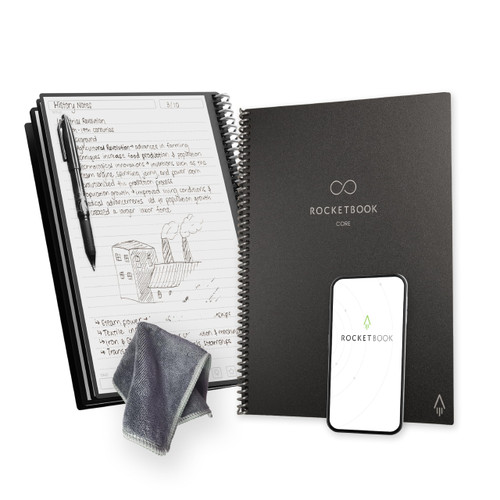 Rocketbook New Core Reusable Spiral Notebook, Letter Size 8.5x11, Black - Lined Pages, App-Connected, Erasable, Durable Cover, Ideal for School, Work, and Creative Projects