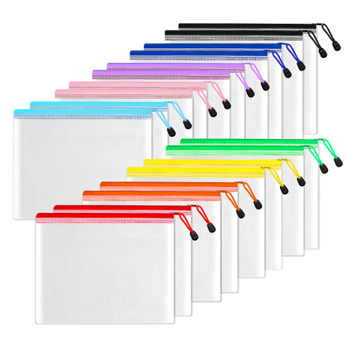 SUNEE Plastic Mesh Zipper Pouch 6x9 in (9 Colors, 18 Packs),Extra Large Water-Resistant Zip Bag for School Office Supplies, Puzzles & Games Organizing Storage
