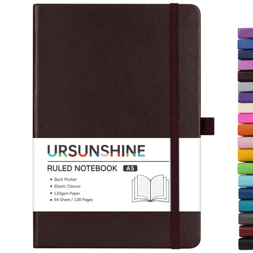 Ruled Notebook/Journal - Classic Lined Journal/Notebook, 5.3'' x 8.26'', Hardcover with Thick Paper, Banded + Pen Holder +Inner Pocket - Brown