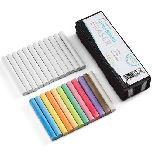 Kedudes Dustless Chalk with Eraser Set, 25 Pcs - 12 Colored and 12 White Blackboard Chalk, Smooth Writing, 1 Felt Chalkboard Eraser Included