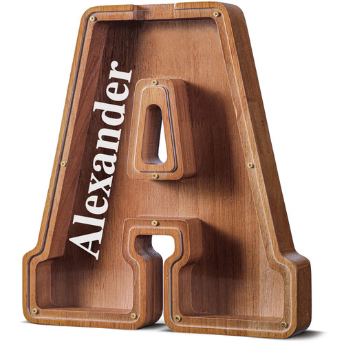 Summidate Customized Name Extra Large Wooden Piggy Bank for Kids Boys Girls Alphabets Letter A-Z Coins Bills Money Change Saving Box (Laser Engraved) Educational Toys 12"- Letter A