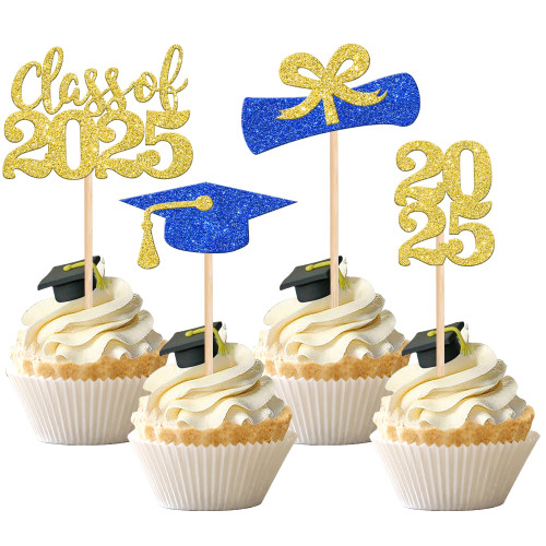 36 PCS 2025 Graduation Theme Cupcake Toppers Glitter Class of 2025 Cupcake Picks Diploma Graduation Cap Cupcake Decorations for 2025 Graduation Theme Party Cake Decorations Supplies Blue God