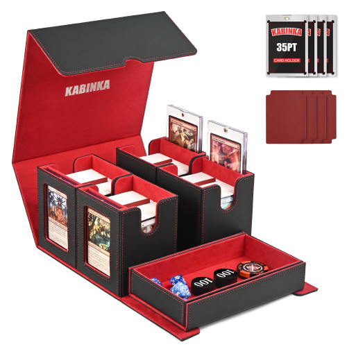 Card Deck Box for MTG with Commander Display, 5 in 1 Card Storage Box Fits 400+ Double-sleeved Cards, Removable Deck Case for TCG/Sports Cards with Dice Tray, 4 Magnetic Card Holders (Black Red)
