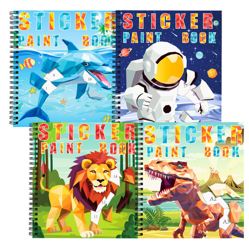 homicozy 4PCS Sticker Paint Books for Kids Ages 4-10,Dinosaur Astronaut Ocean Animals Designs Paint by Stickers,Sticker by Numbers,Party Birthday Gifts for Boys 4-10,Create 40 Pictures at a Time