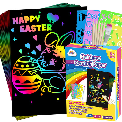 ZMLM Easter Basket Essentials, 60PCS Rainbow Scratch Paper Art Boys Gifts for Girls Boys Ages 4-8 8-12, Easter Basket Stuffers for Kids Birthday Toys and Games Activities Gift (Blue)