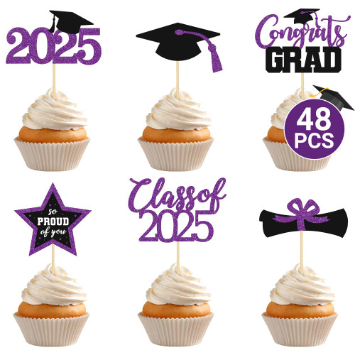 48 PCS Graduation Cupcake Toppers 2025, 6 Style Purple Graduation Decorations Class of 2025, Glitter Design Congrats Grad Cupcake Toppers Grad Cake Toppers, Grad Party Decorations 2025