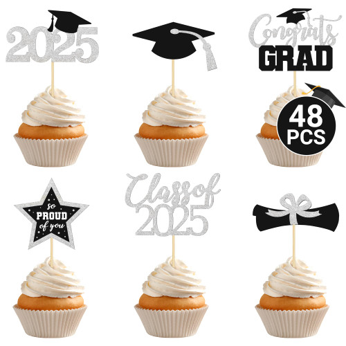 48 PCS Graduation Cupcake Toppers 2025, 6 Style Graduation Decorations Class of 2025, Glitter Silver Design Grad Cupcake Toppers Graduation Hat Cake Toppers, Grad Cupcake Decorations 2025