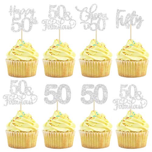 30 Pack Happy 50th Birthday Cupcake Toppers Silver Glitter Fifty Cheers to 50 Years Old Birthday Cupcake Picks for 50th Birthday Anniversary Party Cake Decorations Supplies