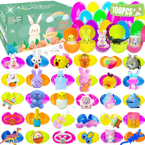 SQZUWIT 100 PCS Prefilled Easter Eggs Filled with Toys Inside for Kids Boys Girls Easter Hunt Basket Stuffers Essentials Fillers Party Favors Classroom Prize Supplies