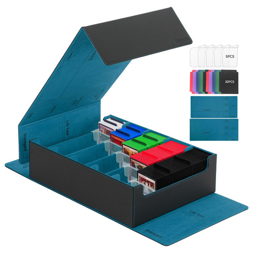 Trading Card Storage Box, 3800+ with 20 Colorful Dividers&5 Supporters, Leather Magnetic Closure Storage Box, Card Deck Box for YuGiOh, MTG, Black/Cyan