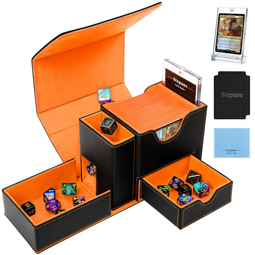 MTG Deck Box, Dice Tray & Tower 2 in 1 MTG Commander Deck Box Fits 120+ Single Sleeved Cards, Leather Magnetic Closure Box with Magnetic Card Holders&Base for TCG, CCG, Black/Orange