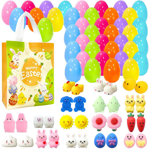 32Pcs Easter Surprise Eggs with Cute Mochi Squishy Toys Premium for Easter Theme Party Favors, Supplies for Easter Egg Hunt, Basket Stuffers/Fillers, Classroom Prize Supplies Toddler Boys Girls