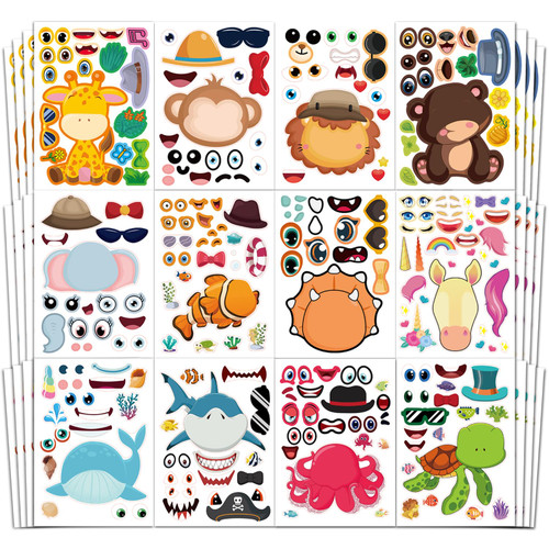 Aowplc 48 Sheets Make-a-Face Animal Stickers Mix and Match for Kids Party Favors Supplies Activities Crafts