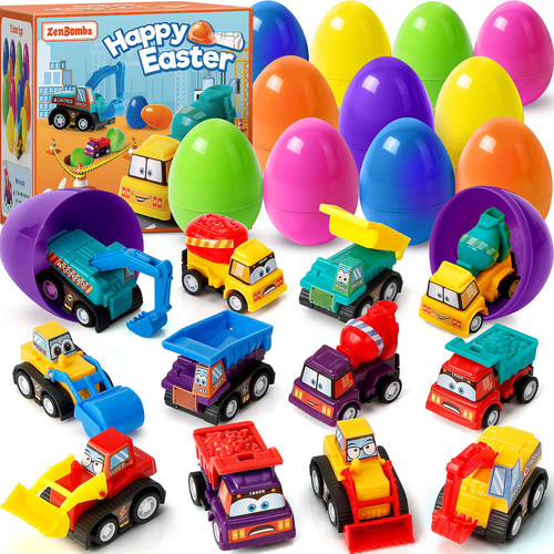 ZenBombs 12 Plastic Easter Eggs Filled with Pull-Back Engineering Toys Gift for Easter Egg Hunt, Birthday Party for Kids Over 3 Years Old