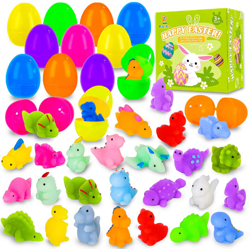 24 Pack Prefilled Easter Eggs with Squishy Toys Inside for Kids, Easter Basket Stuffers Fillers Mochi Stress Relief Toys for Easter Hunt, Easter Gifts, Classroom Prizes