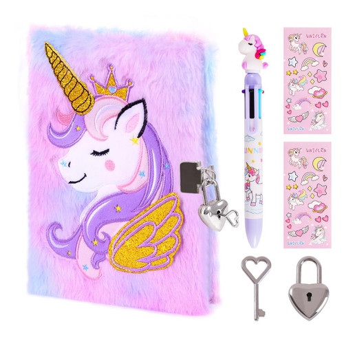 PrinBarBee Unicorn Diary with Lock for Girls,Cute Plush Journal Notebook Set for Kid with Stickers,Fluffy Secret Notebook for Writing and Drawing Gifts for Girls ages 6-8