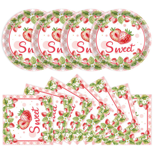 KFJBPB 40 Pcs Strawberry Plates and Napkins Party Supplies, Disposable Fall Fruit Paper Plates Napkins Strawberry Birthday Party Decorations Tableware Set for Baby Shower Birthday Party Serves 20