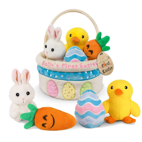 Baby's First Easter Basket Stuffers Playset, 5ct Stuffed Plush Bunny Chick Carrot Egg for Babies Girls Boys Kids Infant Toddler, Personalized Easter Theme Gifts, Easter Decorations Party Supplies