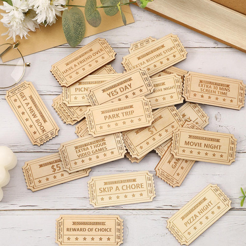CypherX Kids Reward Tokens, Unique Birthday Wooden Tokens for Kids, 24 Redeemable Tokens + 3 Blank DIY Tokens, Coupon Shaped (Not for Easter Eggs)