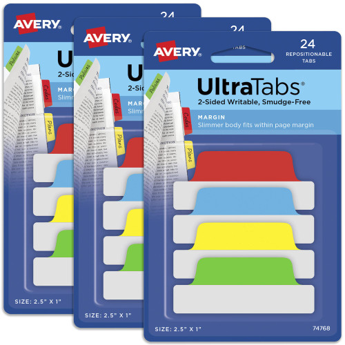 Avery Margin Ultra Tabs, 2.5" x 1", 2-Side Writable, Assorted Colors, 24 Repositionable Page Tabs Per Pack, 3 Packs, 72 Tabs Total (74768)