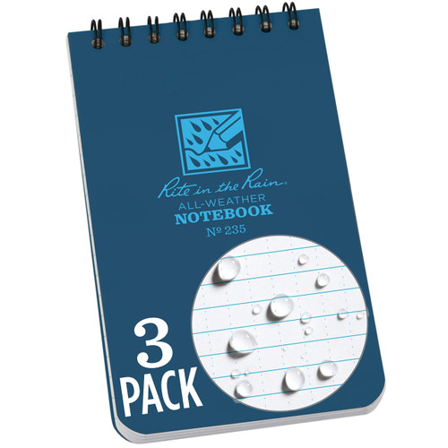 Rite in the Rain Weatherproof Top Spiral Notebook, 3" x 5", Blue Cover, Universal Pattern, 3 Pack (No. 235-3X)