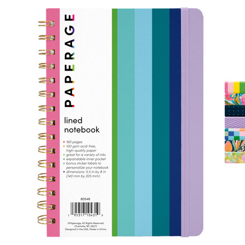 PAPERAGE Lined Spiral Journal Notebook, (Rainbow Stripe), 160 Pages, Medium 5.5 inches x 8 inches - 100 GSM Thick Paper, Hardcover, Double-Wire Spiral Journal & Notebook