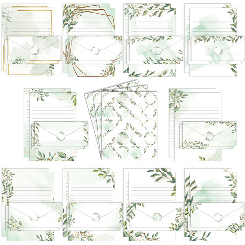 TaoBary 160 Packs Stationery Paper Set (50 Double Sided Stationery Writing Papers 50 Matching Envelopes) 60 Round Dot Sticker, 10 Design (8.5 x 11 Inch,Green Leaves)