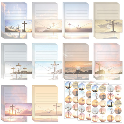 TaoBary 160 Packs Stationery Paper Set (50 Double Sided Stationery Writing Papers 50 Matching Envelopes) 60 Round Dot Sticker, 10 Design(Religious Stationery with Cross,8.5 x 11 Inch)