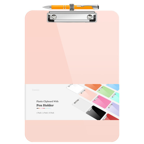 Sooez Plastic Clipboard with Pen Holder, [10% Thicker] Clip Boards 8.5x11 with Low Profile Clip, Cute Hanging Clipboard, Standard Letter Size A4 for Women Kid Teacher, Office & School Supplies, Pink