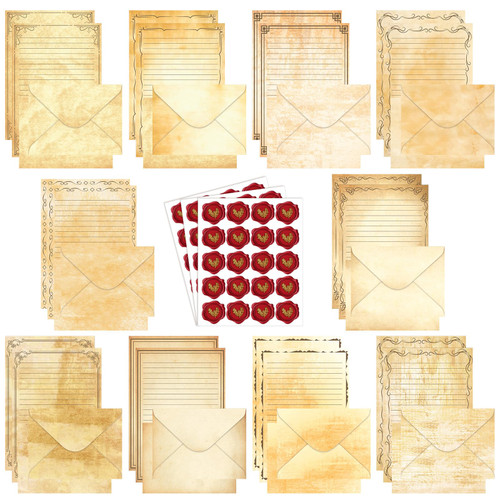 TaoBary 160 Packs Stationery Paper Set (50 Double Sided Stationery Writing Papers 50 Matching Envelopes) 60 Round Dot Sticker, 10 Design(Light Vintage,8.5 x 11 Inch)