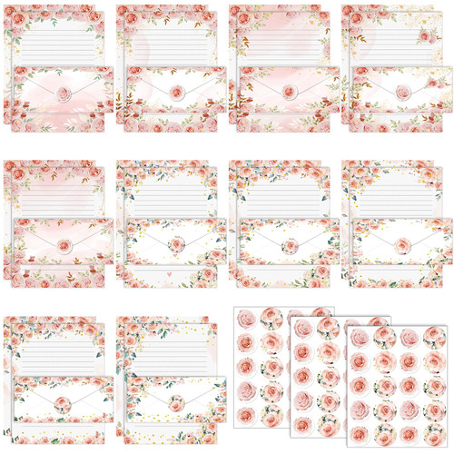 TaoBary 160 Packs Stationery Paper Set (50 Double Sided Stationery Writing Papers 50 Matching Envelopes) 60 Round Dot Sticker, 10 Design(Pink Floral,8.5 x 11 Inch)