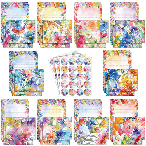 TaoBary 160 Packs Stationery Paper Set (50 Double Sided Stationery Writing Papers 50 Matching Envelopes) 60 Round Dot Sticker, 10 Design(Watercolor Flowers,5.5 x 8.25 Inch)