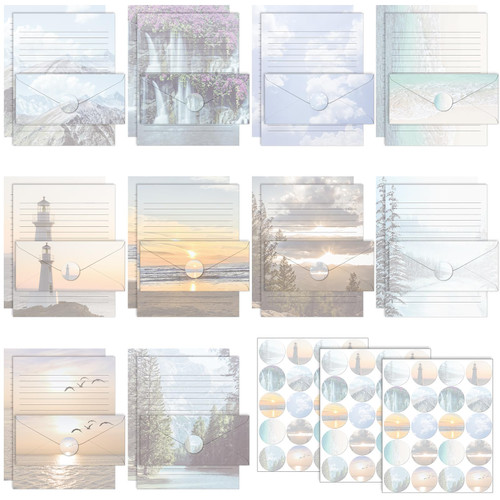 TaoBary 160 Packs Stationery Paper Set (50 Double Sided Stationery Writing Papers 50 Matching Envelopes) 60 Round Dot Sticker, 10 Design (8.5 x 11 Inch,Natural Scenery)