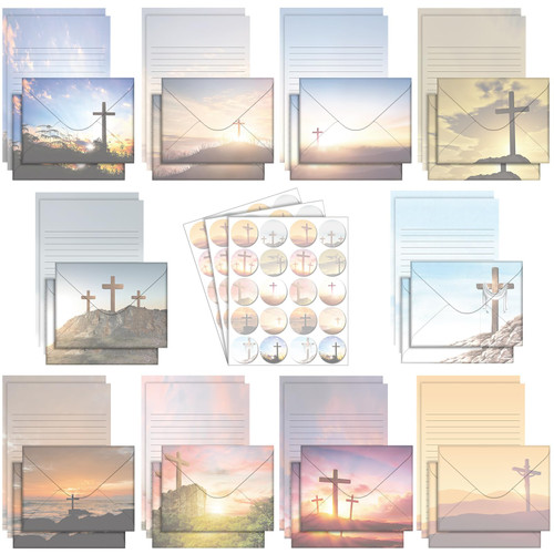 TaoBary 160 Packs Stationery Paper Set (50 Double Sided Stationery Writing Papers 50 Matching Envelopes) 60 Round Dot Sticker, 10 Design (5.5 x 8.25 Inch,Religious Stationery with Cross)