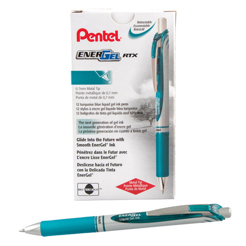 Pentel EnerGel RTX Retractable Liquid Gel Pen Metal Tip, 12 Pack, (0.7mm), Medium Line, Turquoise Blue, Box of 12 (BL77-S3)