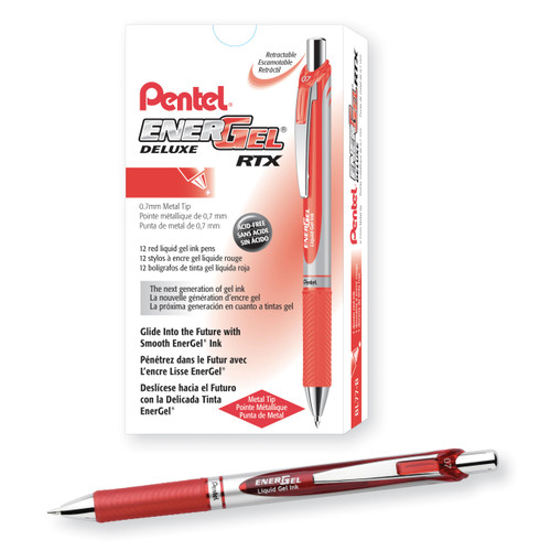 Pentel EnerGel Deluxe RTX Gel Pen, Medium Metal Tip, Red/Silver Barrel, Red Ink, Box of 12 (BL77-B)