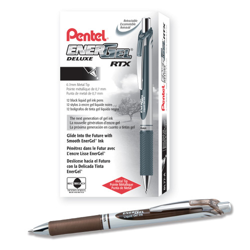 Pentel EnerGel RTX Retractable Liquid Gel Ink Pen, (0.7mm) Medium line, Sepia Ink, Box of 12 Pens (BL77-SP)