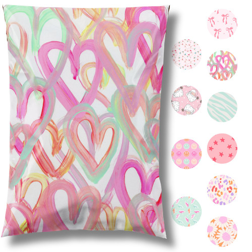 Pretty Package Store 14.5x19 Designer Poly Mailer 100 Pack Heavy Duty Waterproof Self Seal Shipping Bags for Small Business Large Mailing Envelopes Bulk Tear Resistant Cute Packaging Happy Hearts