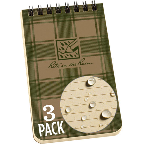 Rite in the Rain Weatherproof Top Spiral Notebook, 3 x 5, Tan and Green Plaid Cover, Universal Pattern, 3 Pack (No. PL935T-3)