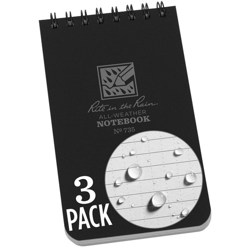 Rite in the Rain Weatherproof Top Spiral Notebook, 3" x 5", Black Cover, Universal Pattern, 3 Pack (No. 735-3)